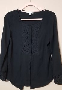 Lauren Conrad Black Lace Button Up Long Sleeve Blouse Shirt, Size Extra Small XS